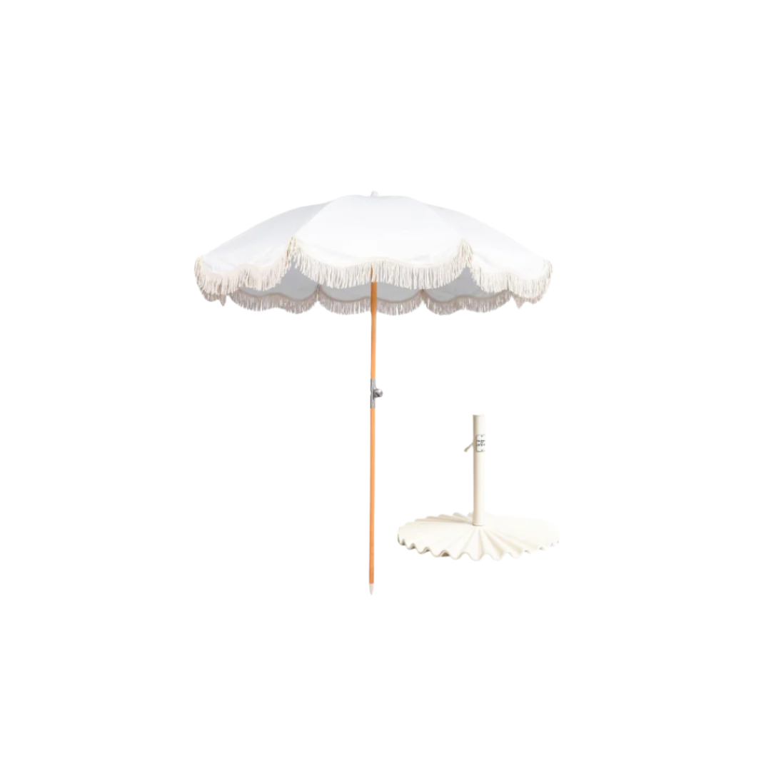 cheap white patio umbrellas 6.5' White Fringe Umbrella with Base | Iowa Decor Rentals