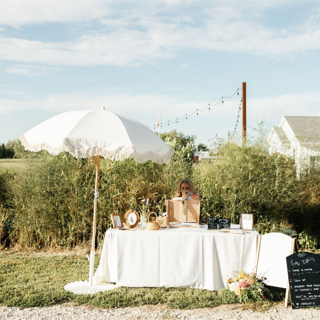 iowa state patio umbrella 6.5' White Fringe Umbrella with Base | Iowa Decor Rentals