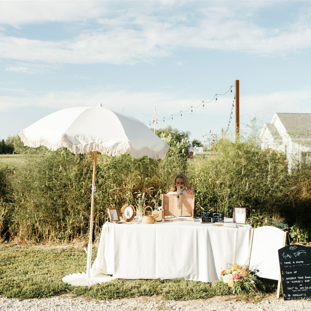 6.5’ White Fringe Umbrella with Base