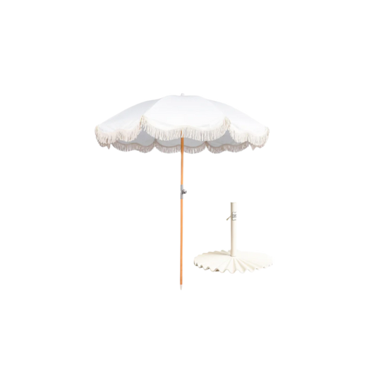 6.5’ White Fringe Umbrella with Base