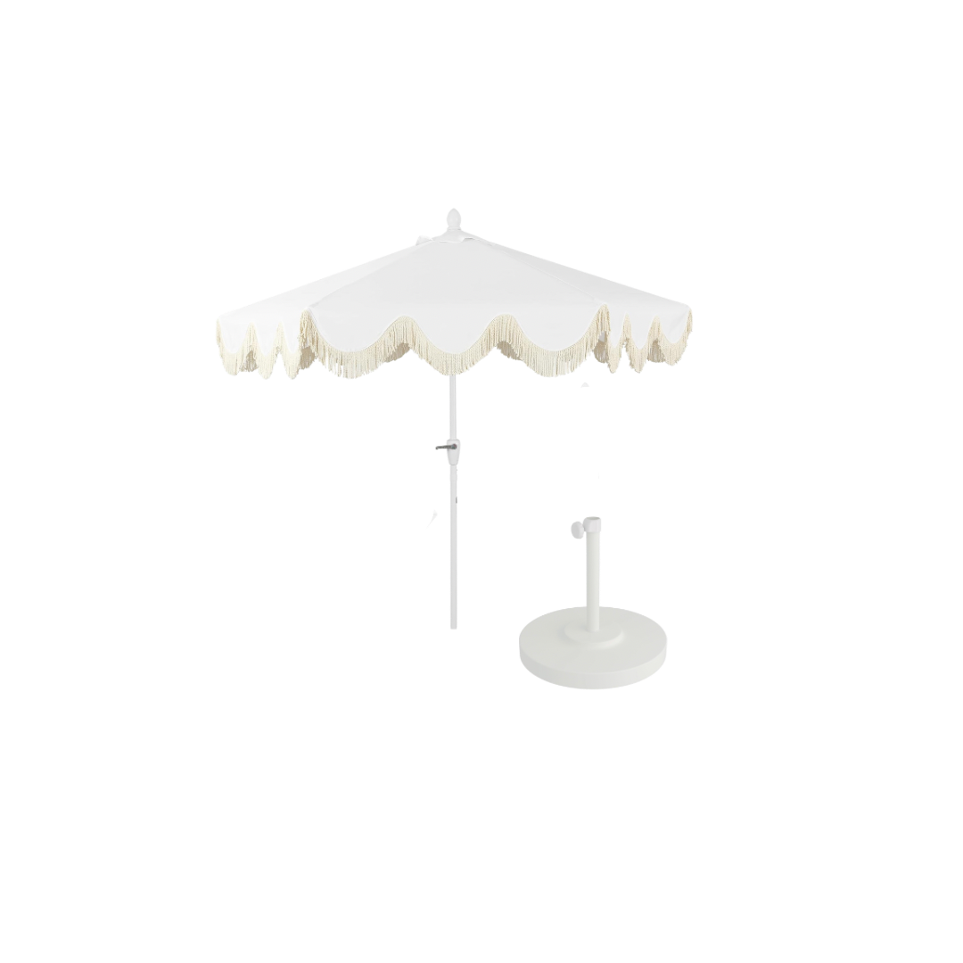 9’ White Fringe Umbrella with Base