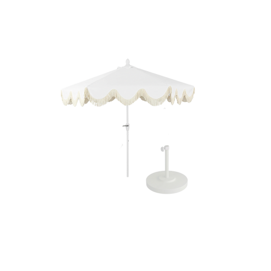 9’ White Fringe Umbrella with Base