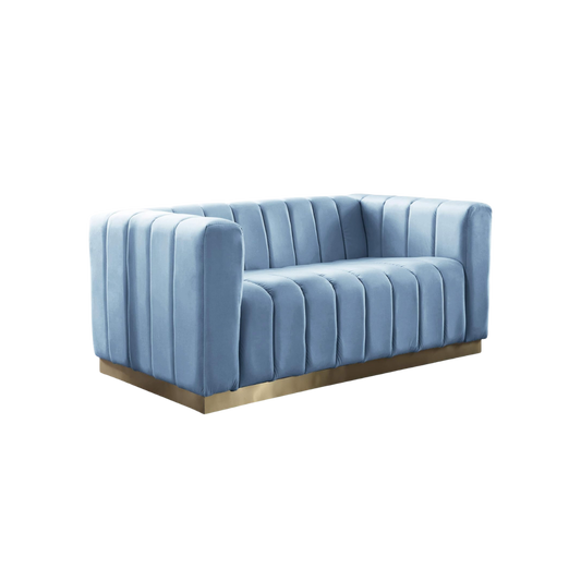 Channel-Tufted Blue Velvet Settee