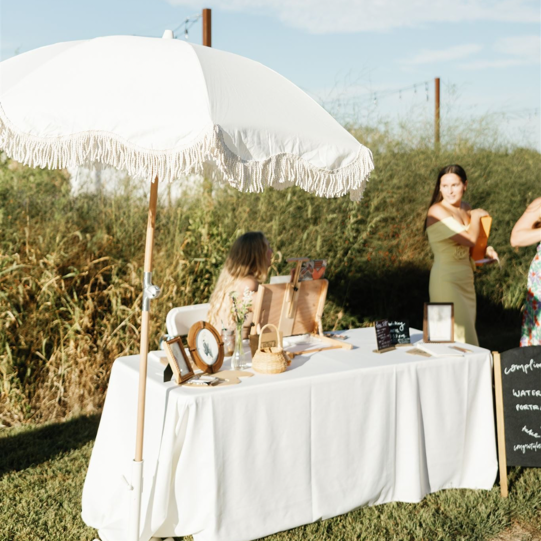 6.5’ White Fringe Umbrella with Base