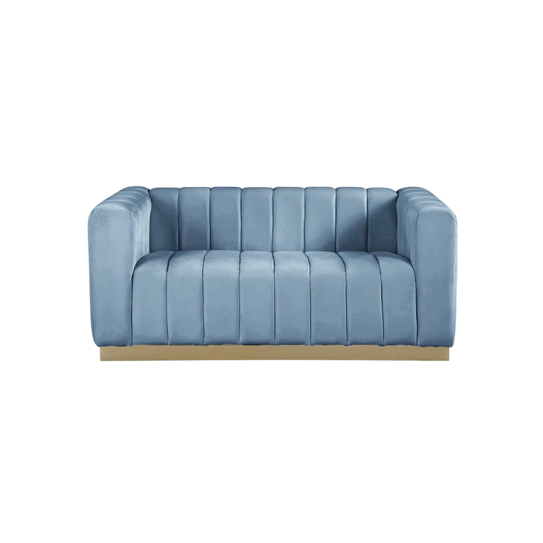 Channel-Tufted Blue Velvet Settee